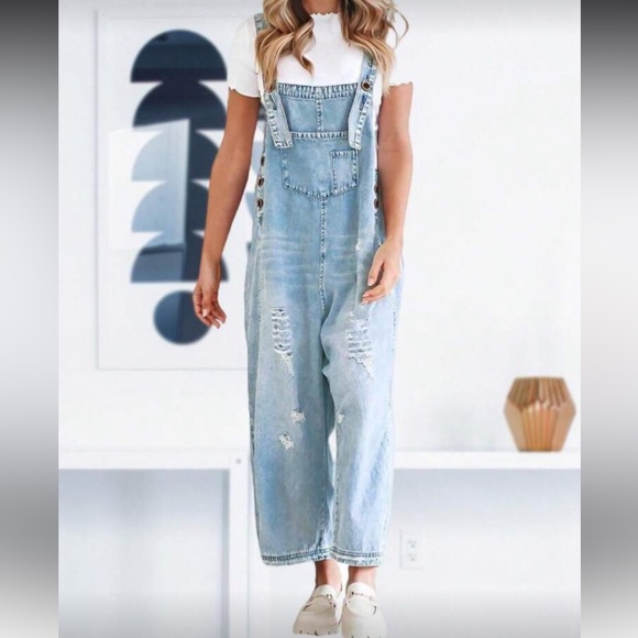 Light Blue Distressed Wide Leg Adjustable Strap Denim Jean Overalls - Picture 4 of 8